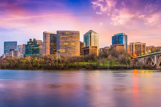 Rosslyn skyline in Arlington, Virginia with Key Bridge over the Potomac