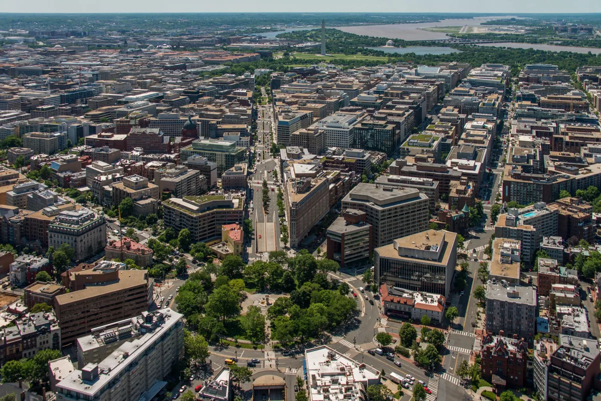 Aerial view of Dupont Circle and downtown Washington, DC
